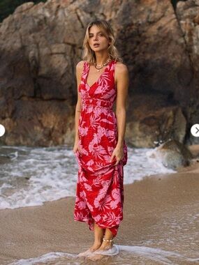 Japna Sleeveless Red & Pink Floral Maxi Dress size XS